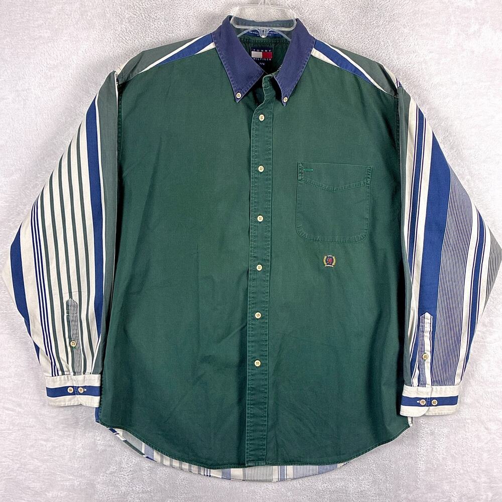 VTG Tommy Hilfiger Shirt Men L Green Blue Striped Embroidered Preppy OCBD 90s